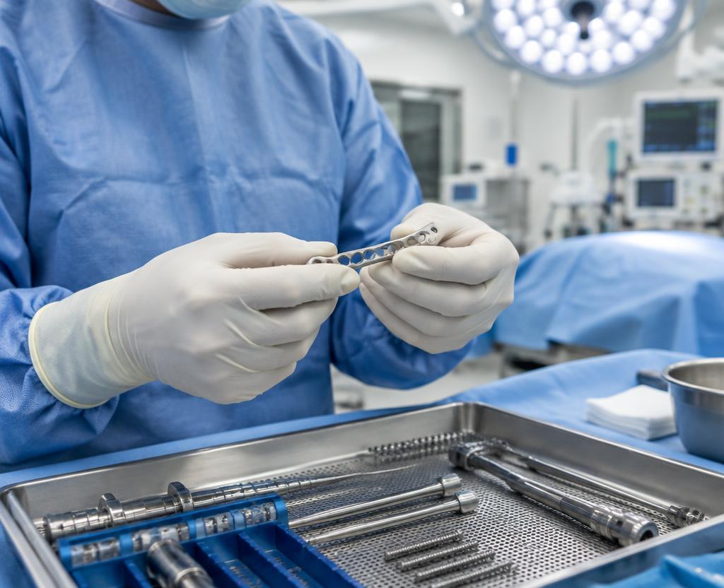 A surgeon handling an orthopedic implant in a modern operating room